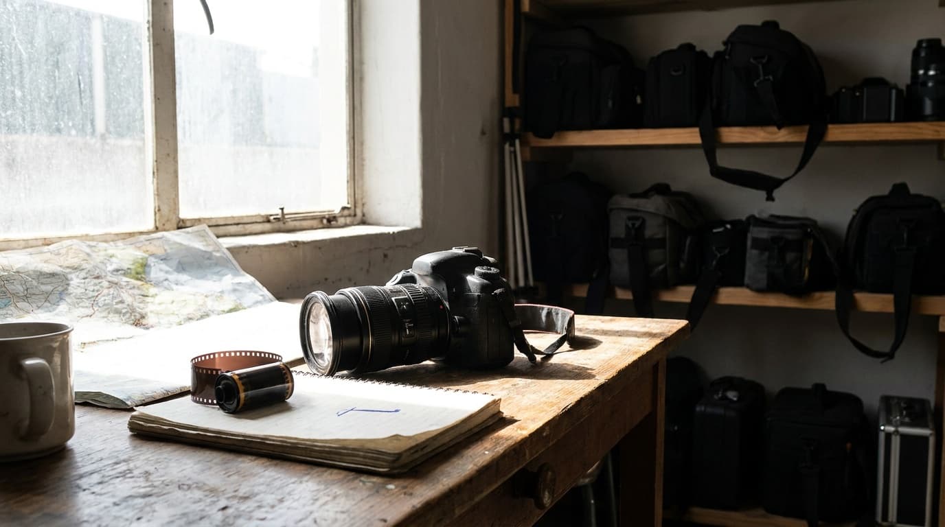 A camera by a bright window with deep shadows, a wide tonal range