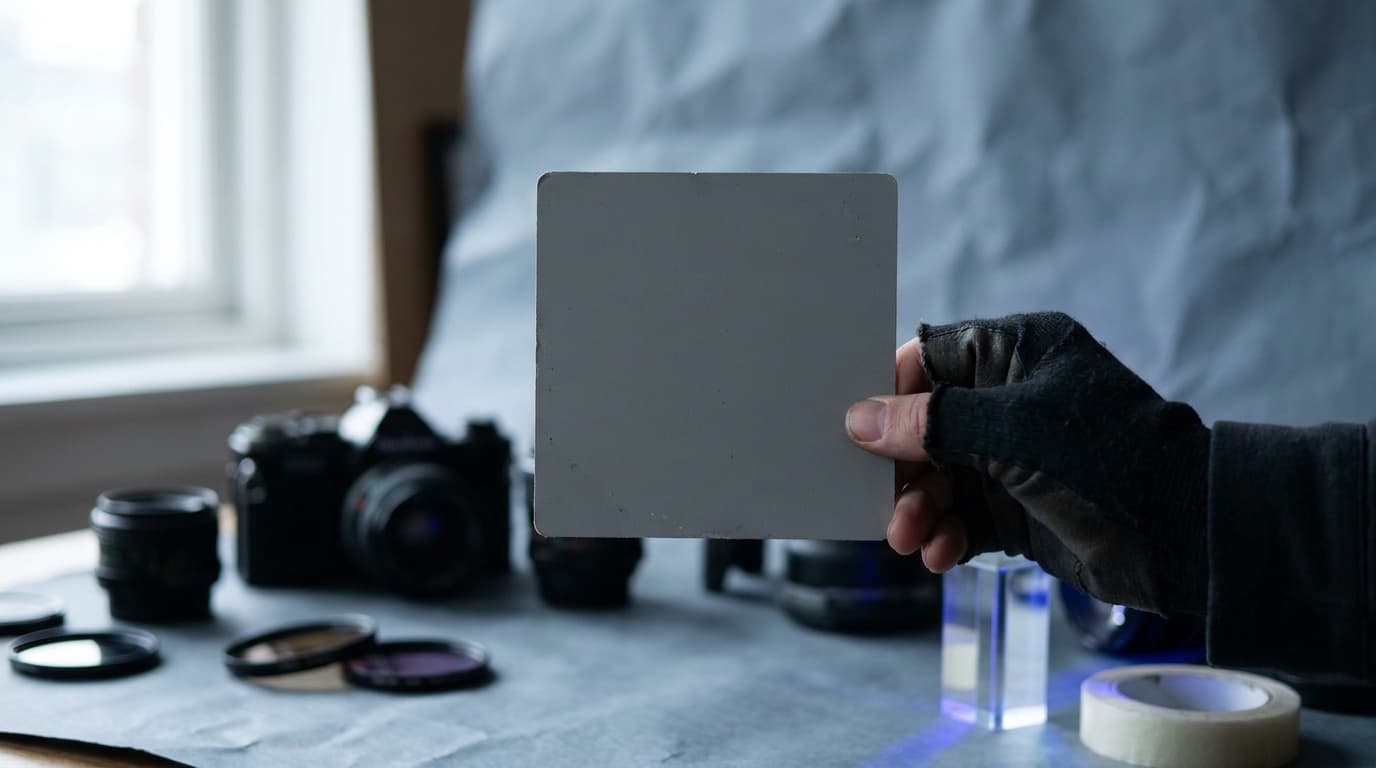 A hand holding a gray card in soft studio light