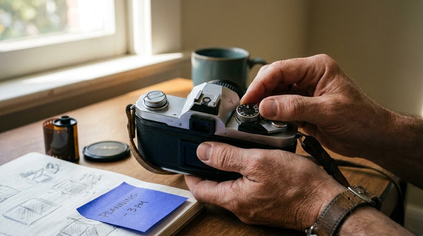 Hands setting the dials on a camera in manual mode