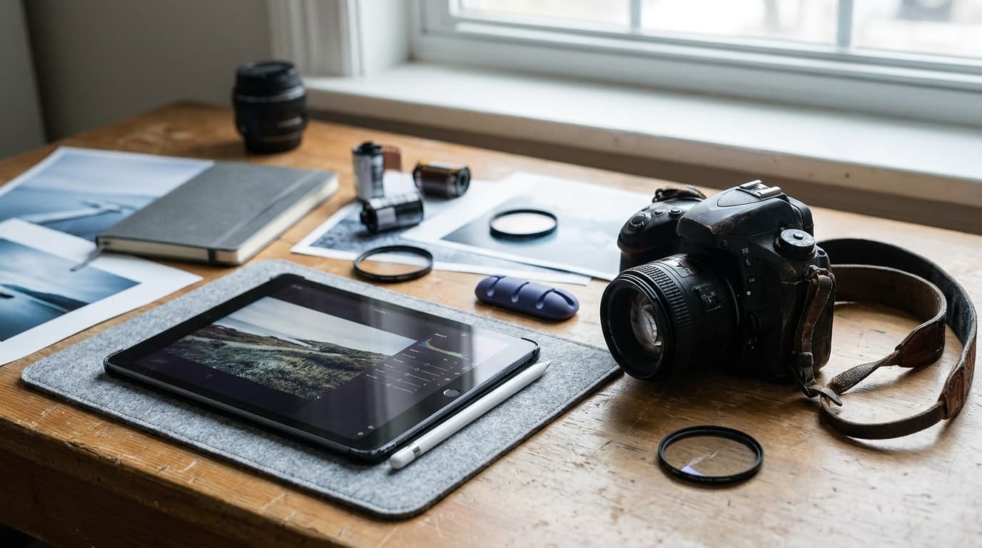 A tablet editing a landscape photo beside a camera