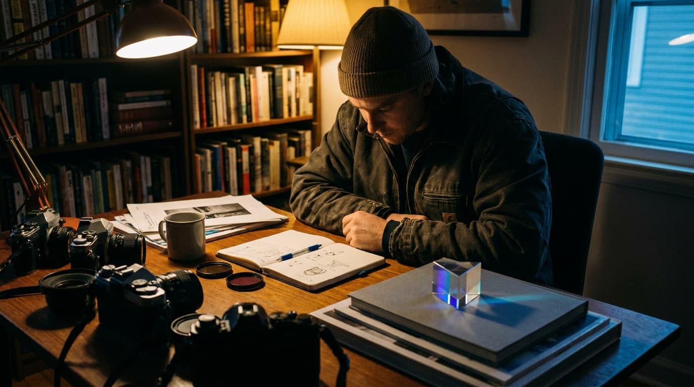 A dim indoor scene lit mainly by a single warm lamp