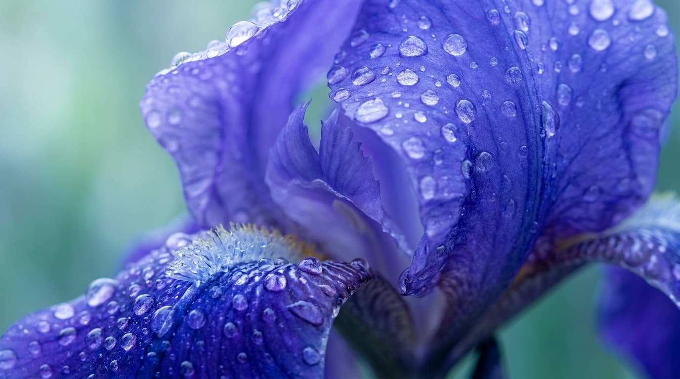 An extreme macro of a dew-covered flower, droplets razor sharp