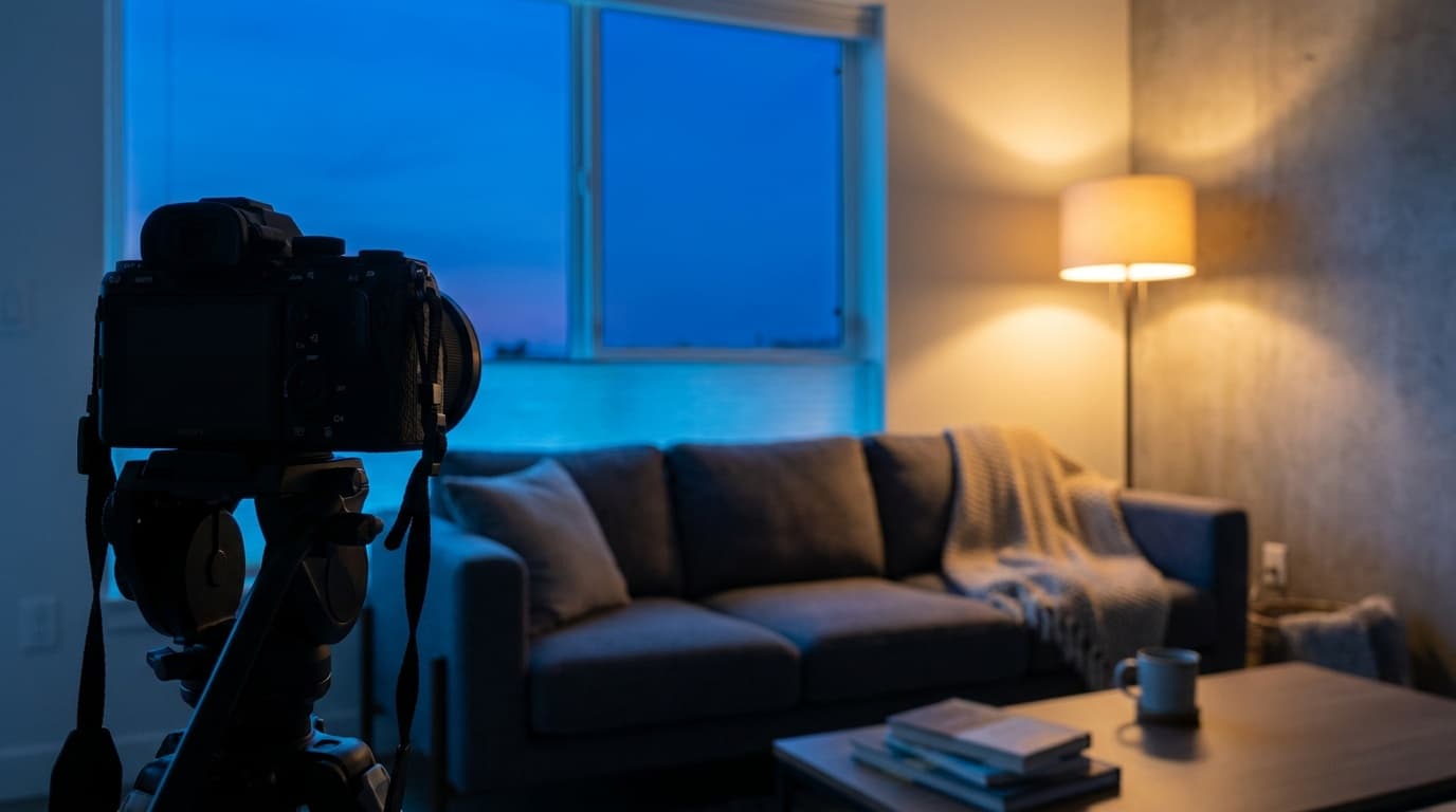 An interior lit by cool daylight from a window on one side and a warm lamp on the other