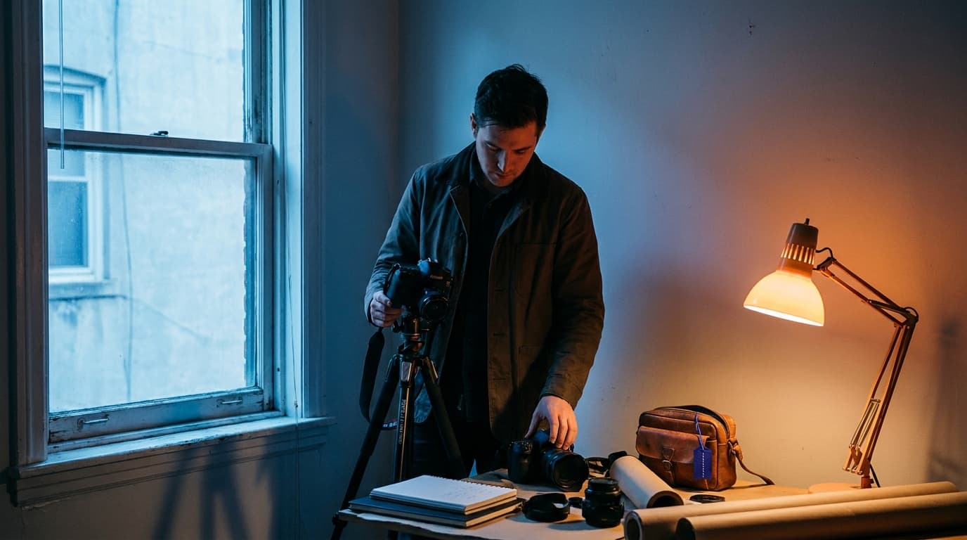 An interior lit by cool daylight from a window on one side and a warm lamp on the other