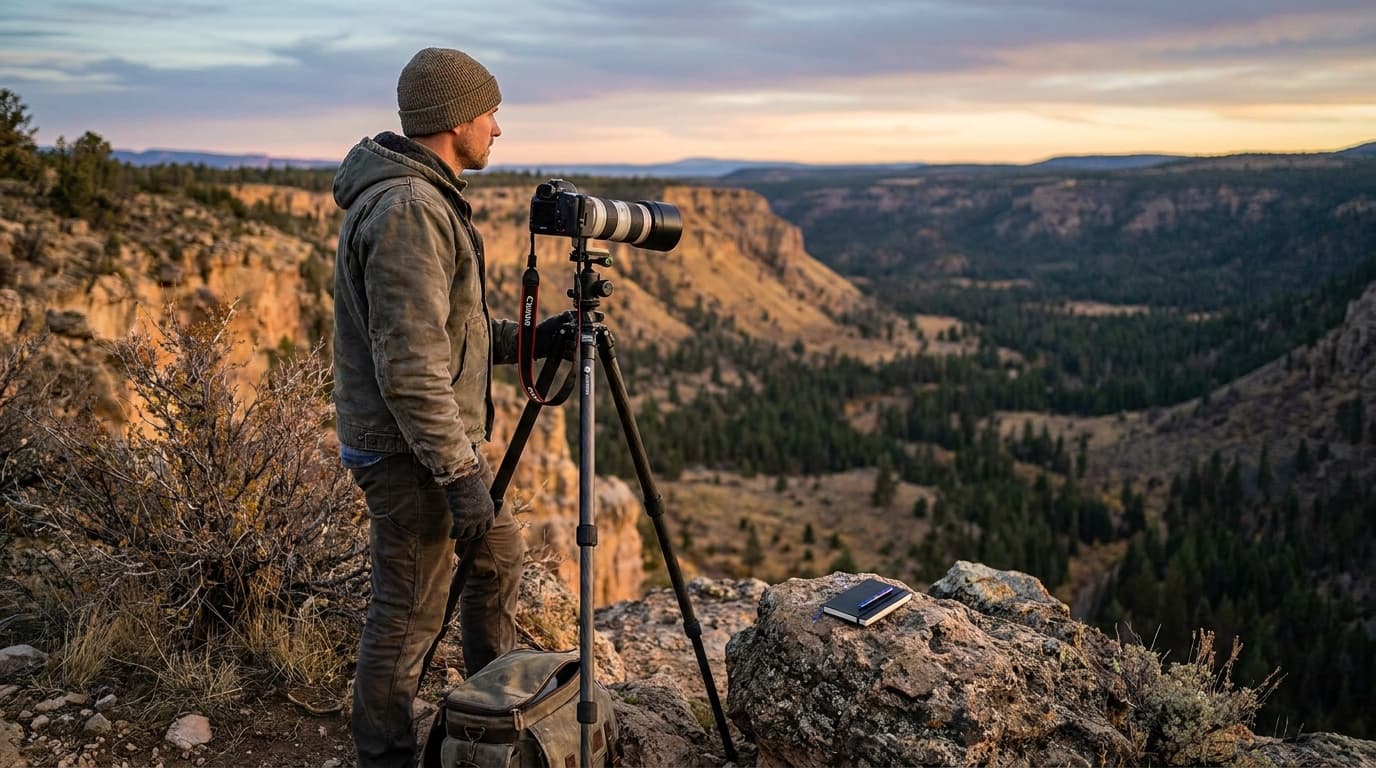 A landscape photographer at a national park overlook at golden hour
