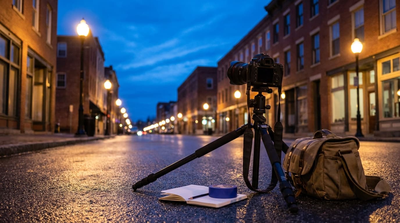 A camera on a tripod on a wet city street at blue hour, warm streetlights reflecting
