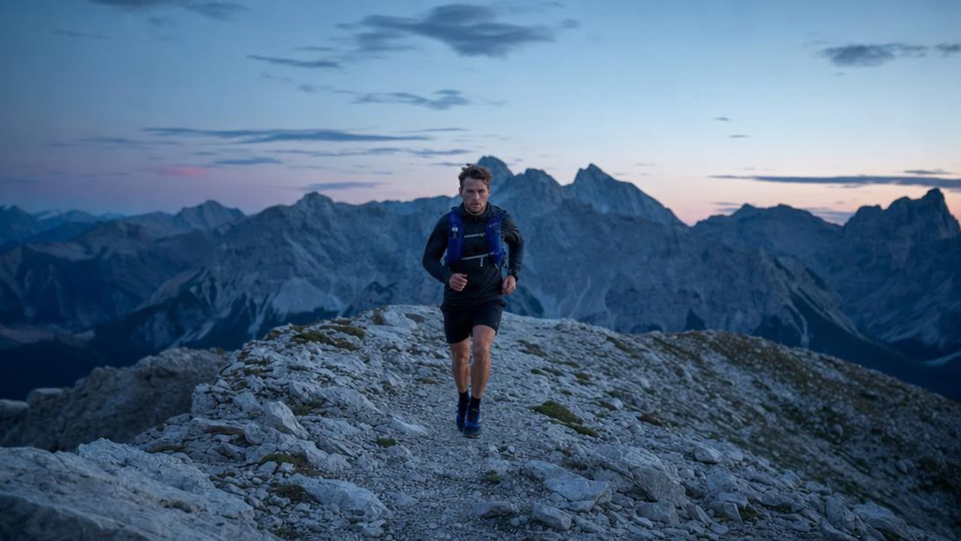 A trail runner centered in a wide mountain scene with room for horizontal and vertical crops