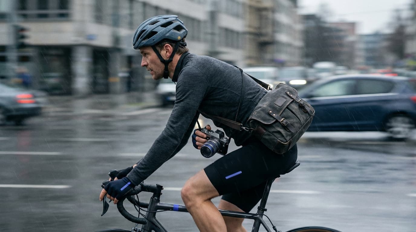 A cyclist sharp against a motion-blurred background