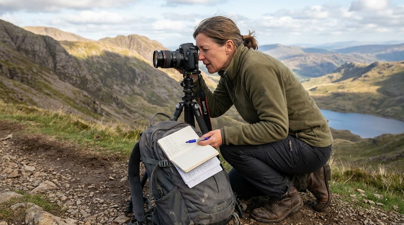 A hiker-photographer shooting a vista from a mountain trail