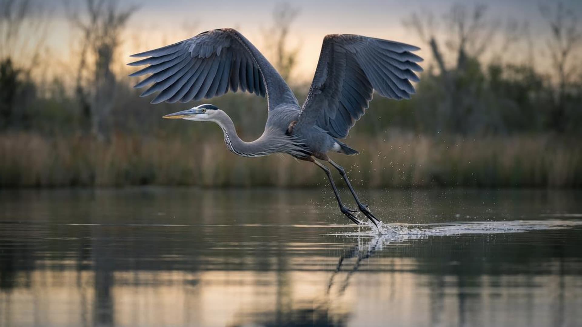 A great blue heron lifting from water with its wings open and droplets suspended behind it