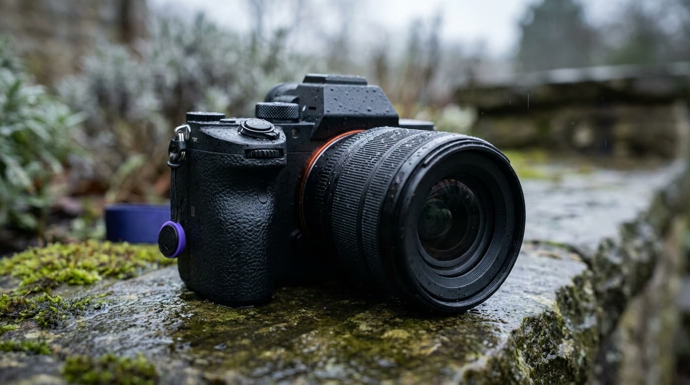 A weather-sealed camera beaded with rain droplets