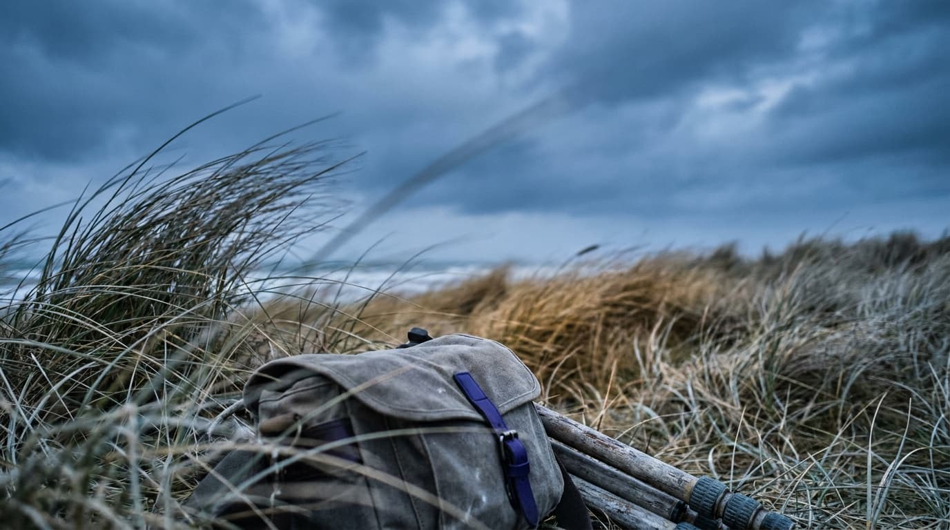 Windswept coastal grass under a dramatic sky