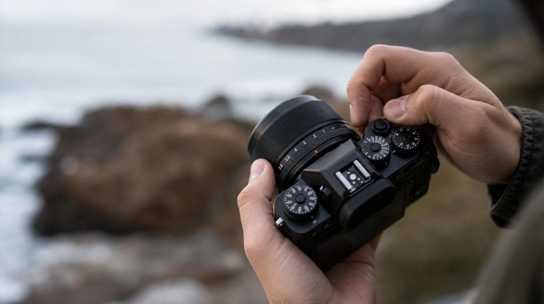 Hands adjusting the dials on a mirrorless camera, the background softly blurred