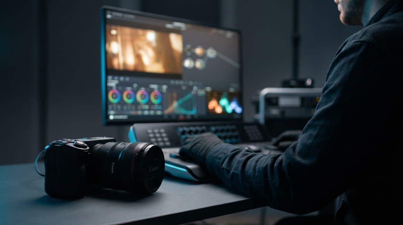 A filmmaker grading flat video footage at an editing desk