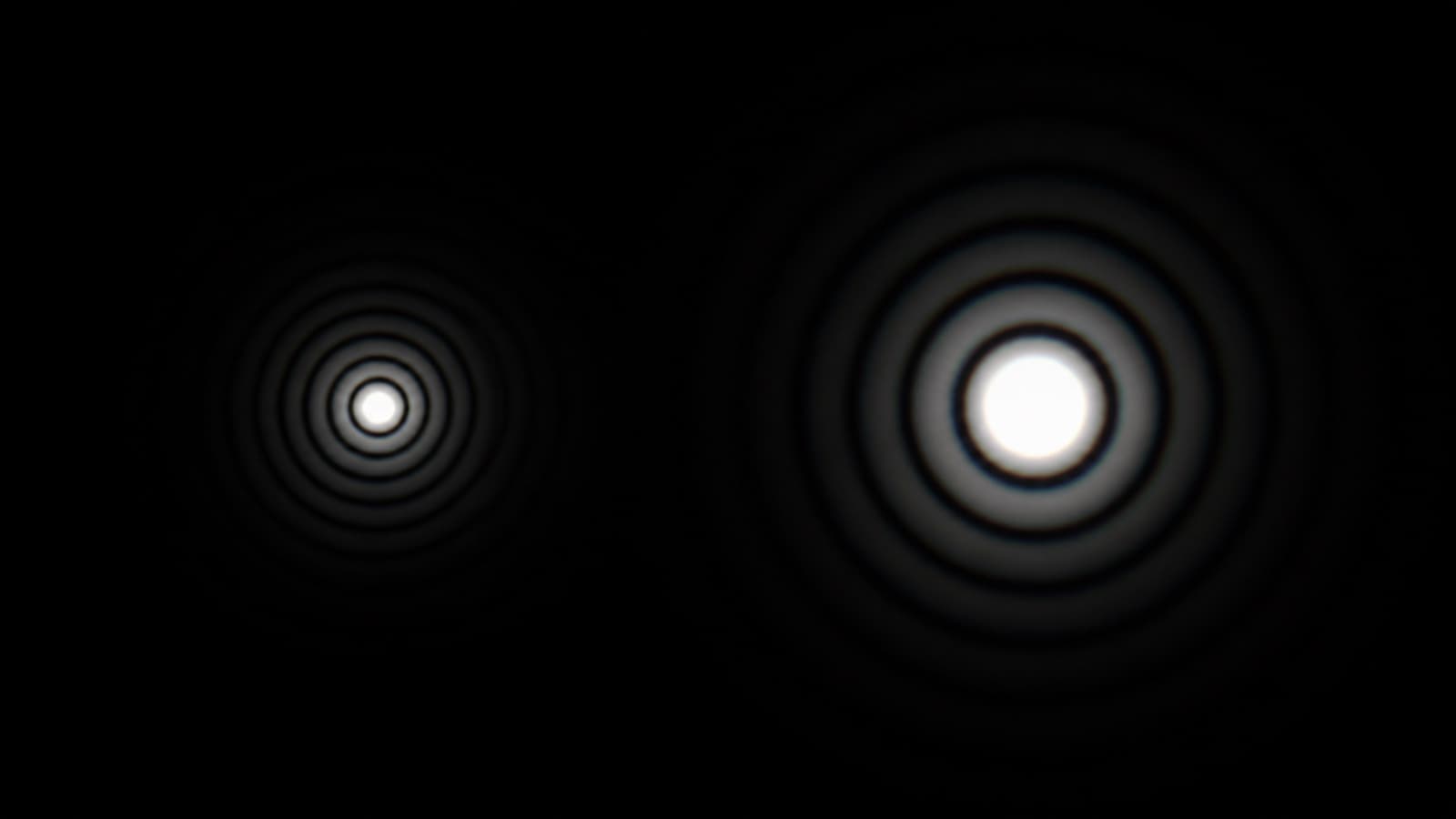 A tight Airy diffraction pattern beside a wider pattern that spreads one point of light across more image area