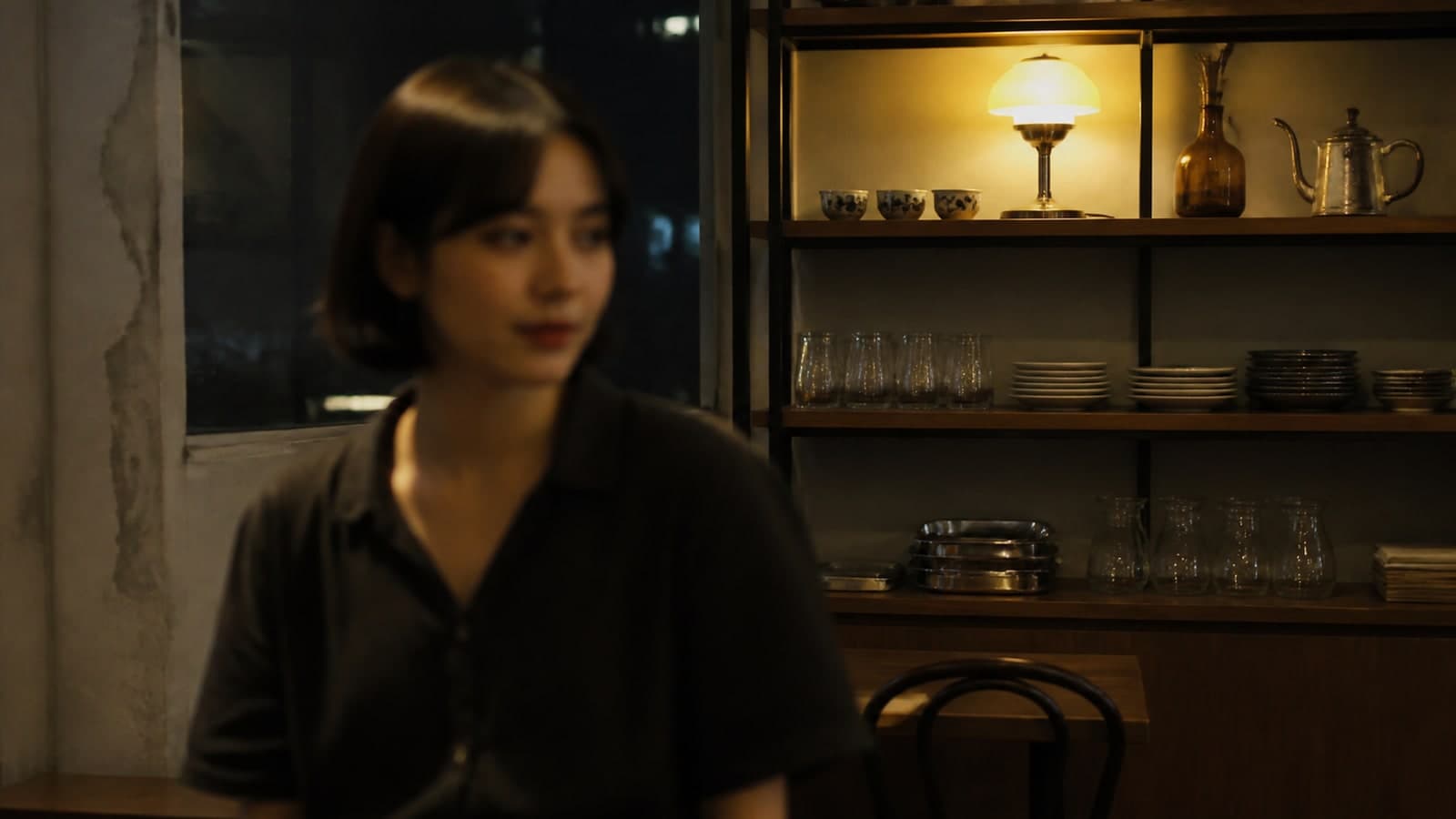 A dim cafe scene where the person is soft but a bright high-contrast lamp and shelf are sharp