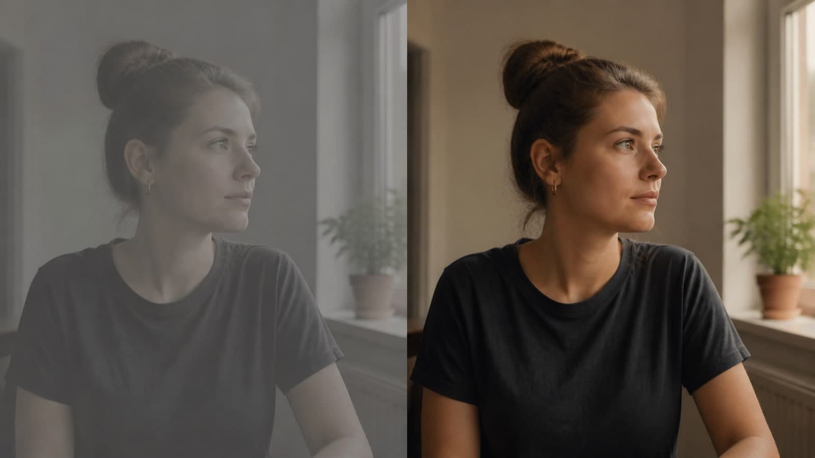 The same indoor video frame shown flat and gray in Log on the left and normally graded on the right