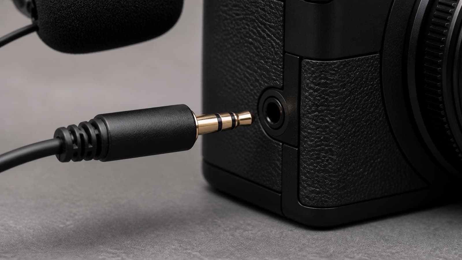 A 3.5 millimeter microphone plug sitting visibly short of a camera audio jack