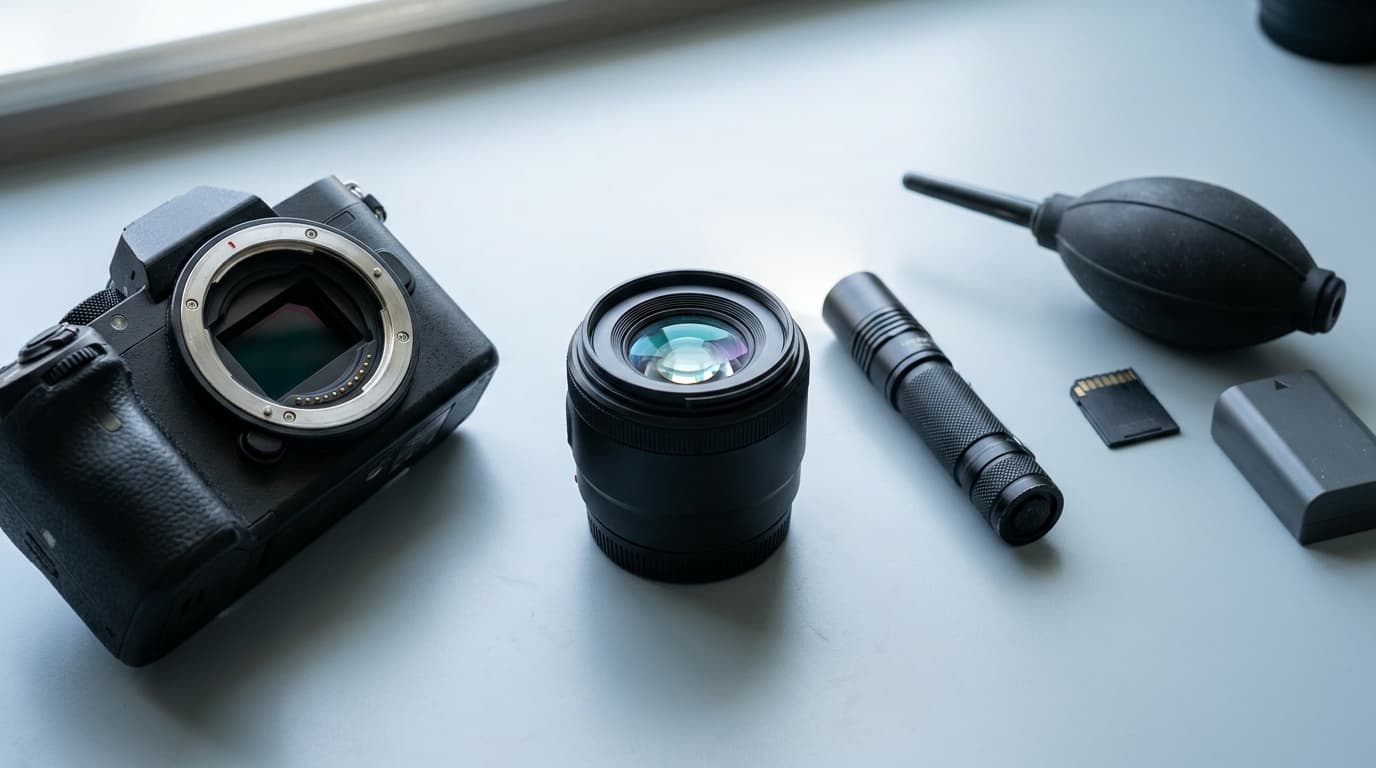A mirrorless camera body with its lens mount and sensor exposed, a lens standing on its rear cap, a pocket flashlight, an air blower, a memory card, and a battery laid out for inspection