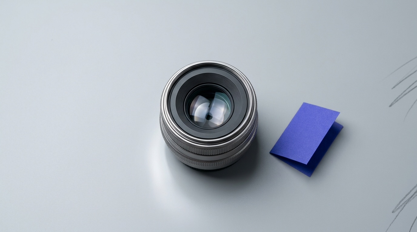 A compact unbranded 50mm prime lens photographed from above on a neutral surface