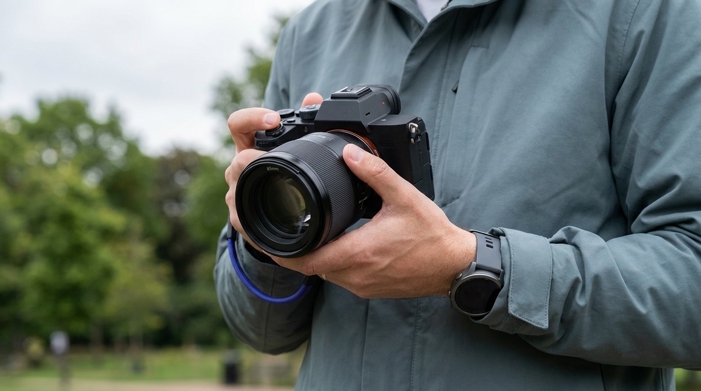 An 85mm prime lens mounted on a mirrorless body, held at chest height by a photographer outdoors, with a softly blurred green park background behind the lens barrel