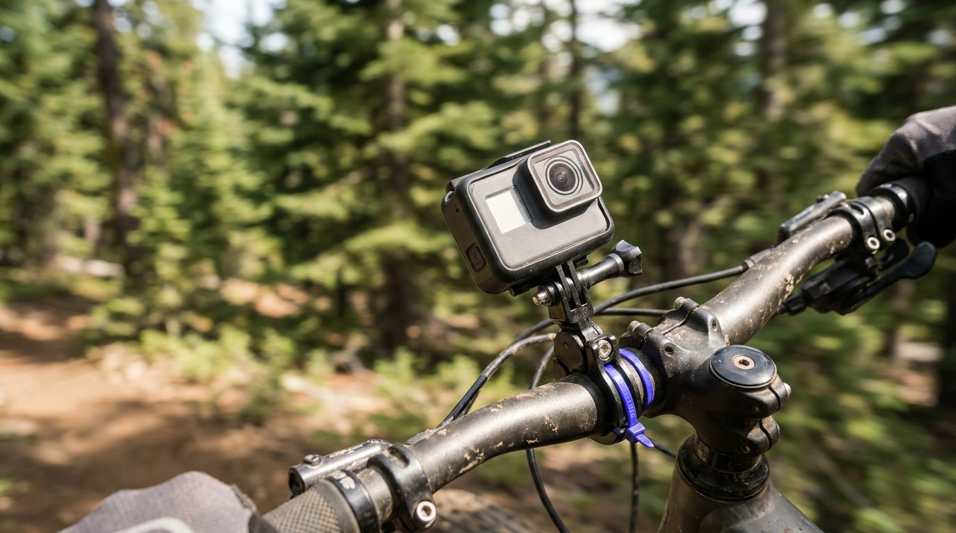 A small action camera clamped to a mountain bike handlebar on a dusty trail, angled forward toward the path, with motion-blurred pine trees rushing past on either side