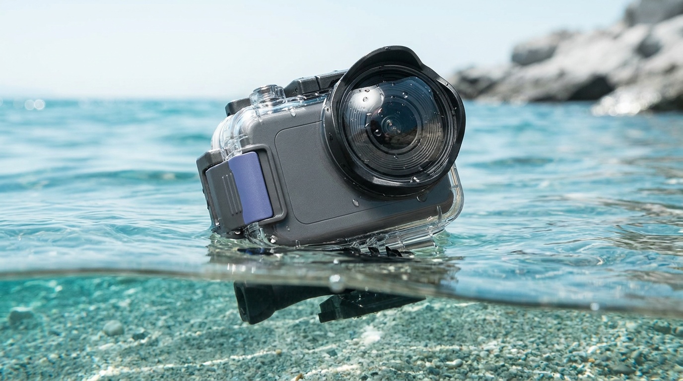 An action camera held half-submerged at the waterline of a clear turquoise sea, droplets beaded on the lens housing, with bright sunlight overhead and a sandy seabed visible below