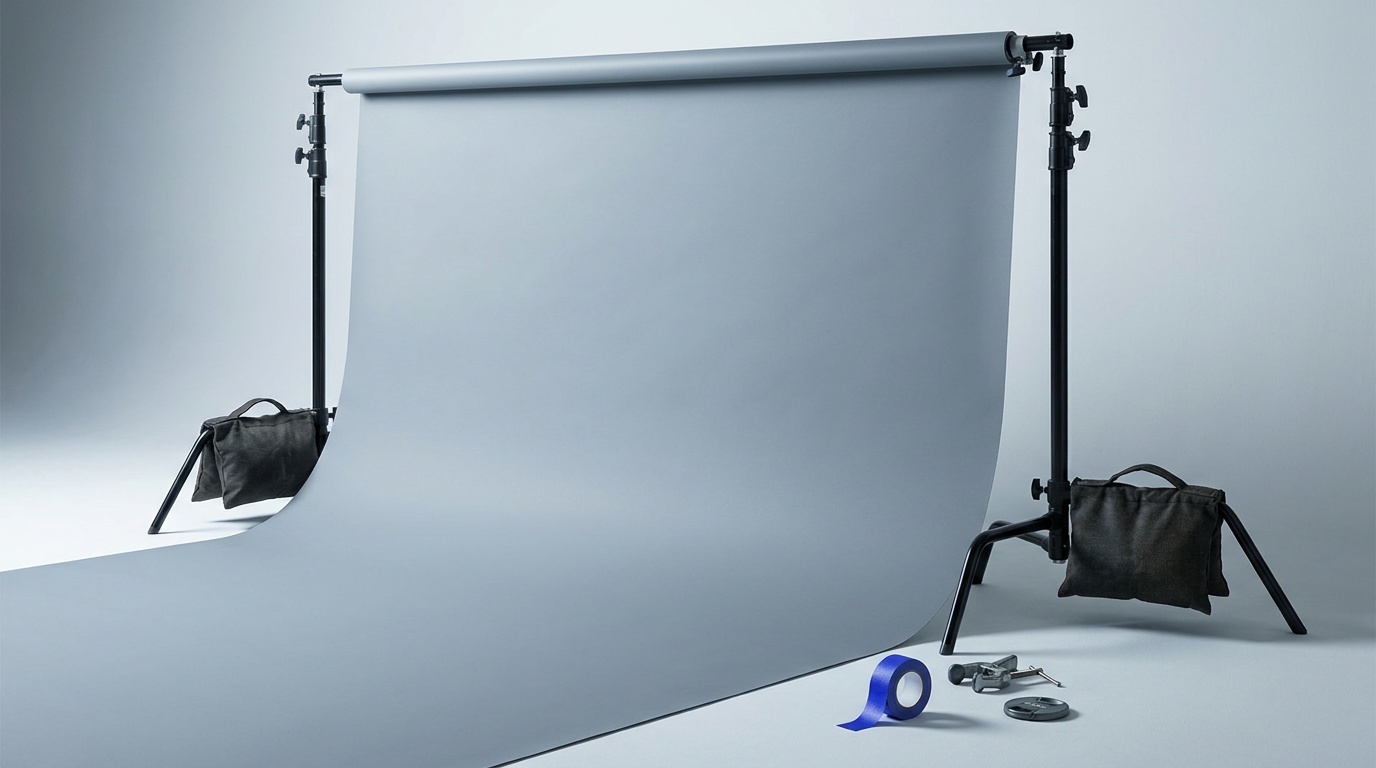 A wide gray seamless paper backdrop rolling down a telescoping support stand and curving smoothly onto a studio floor, with sandbags draped over each stand leg