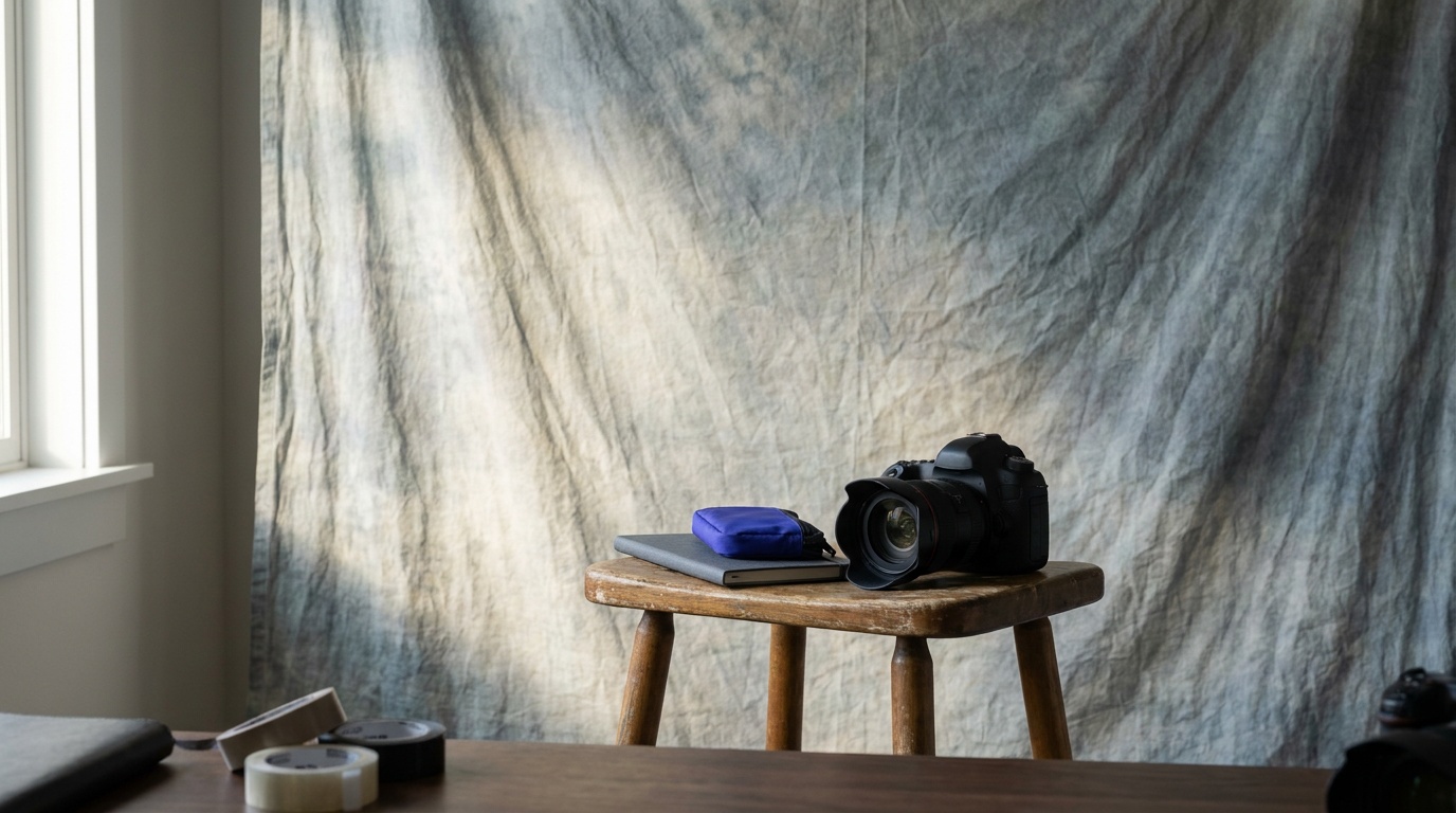 A mottled muslin fabric backdrop hung loosely behind an empty wooden stool in a home studio, softly lit so the cloth texture reads as a gentle gradient rather than flat color