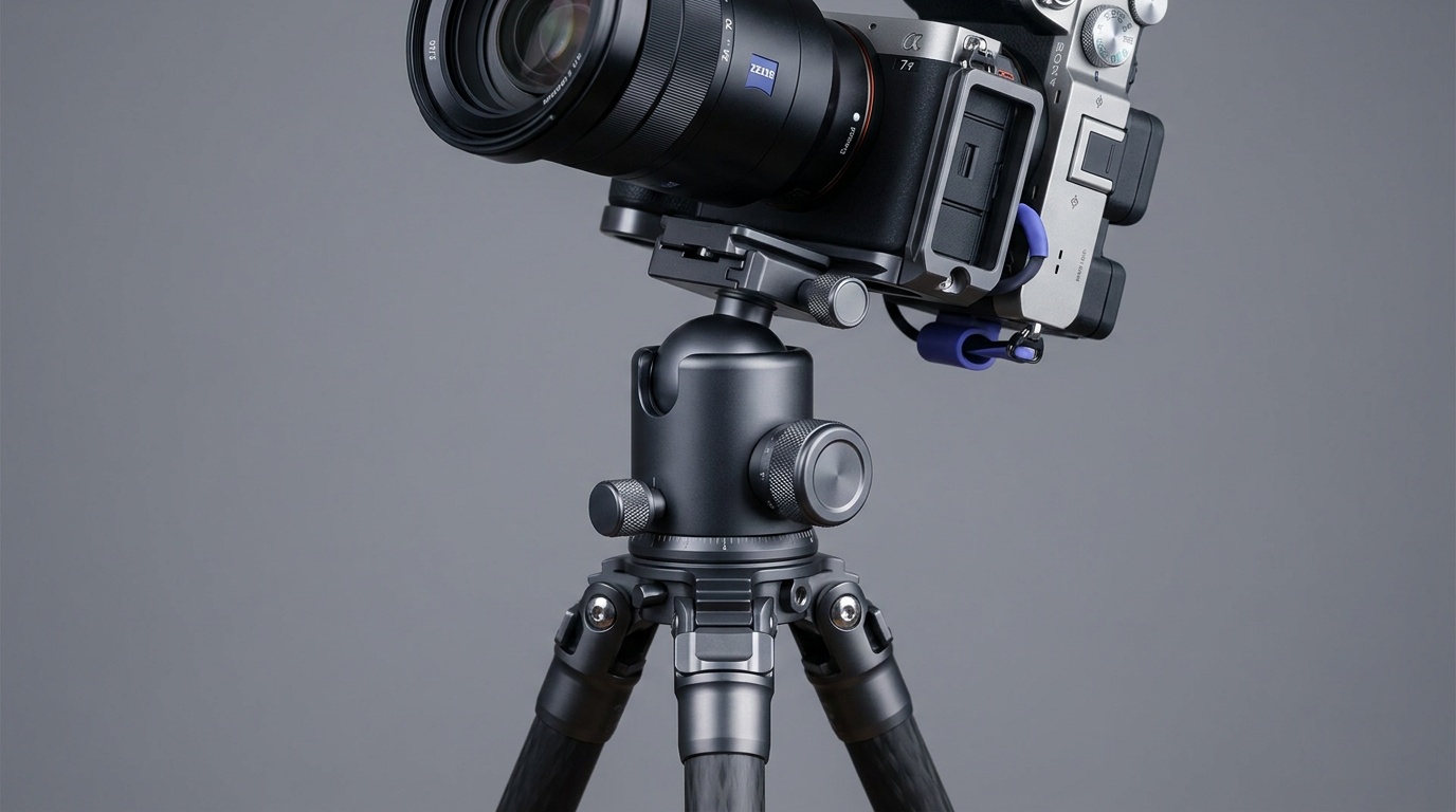 A close view of a ball head on tripod legs with a mirrorless camera clamped in an Arca-style plate, the friction and panning knobs visible on the side of the housing