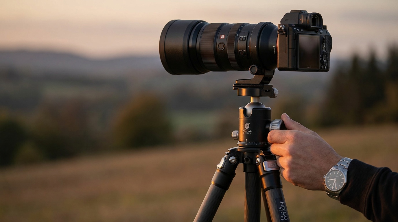 A photographer's hand locking the main knob of a ball head at golden hour, a camera with a telephoto lens held level on the tripod against a soft landscape background
