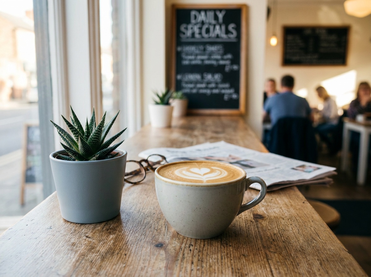 A bright, sharp everyday photo of a cafe table with shallow depth of field