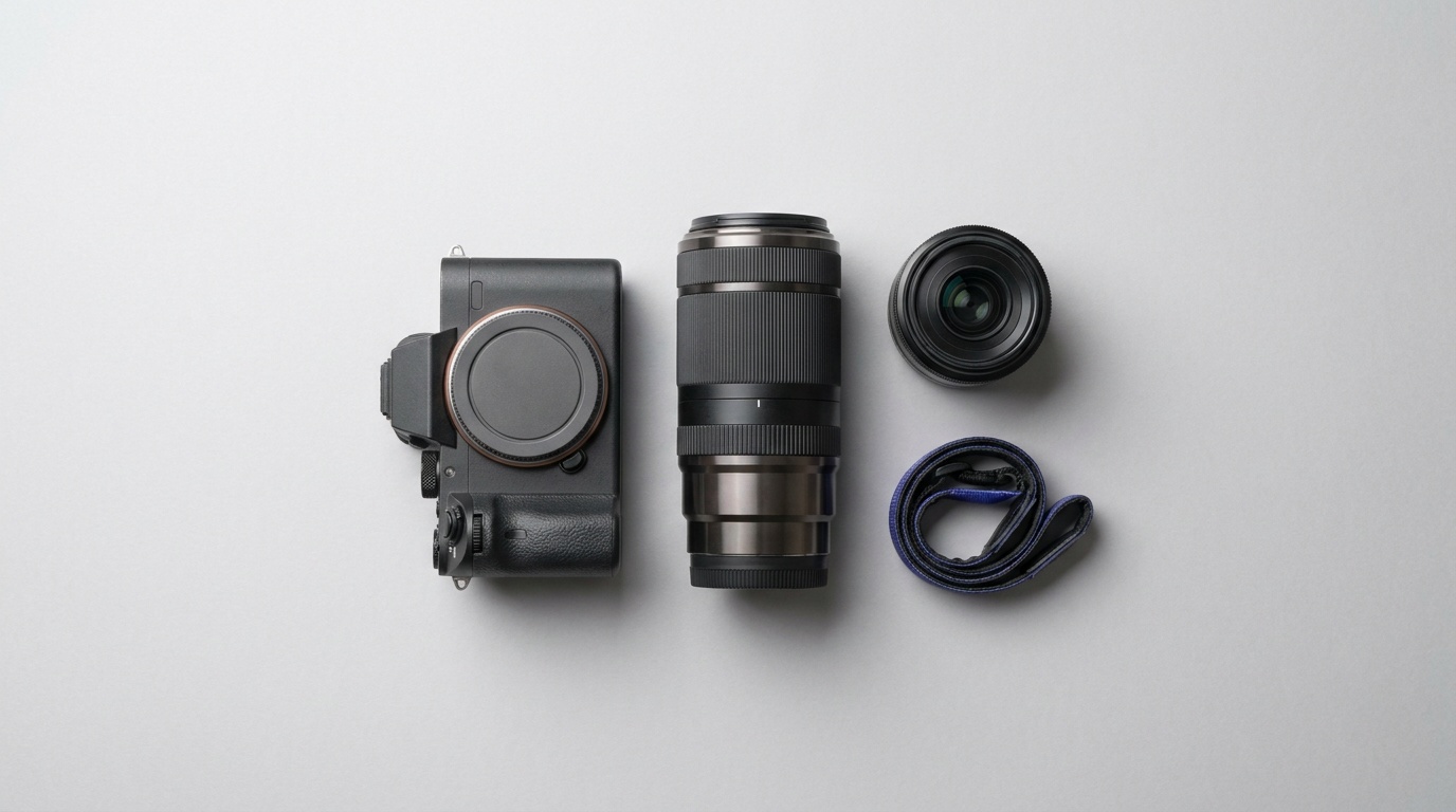 An entry-level camera body with a kit zoom and a small prime on a neutral surface