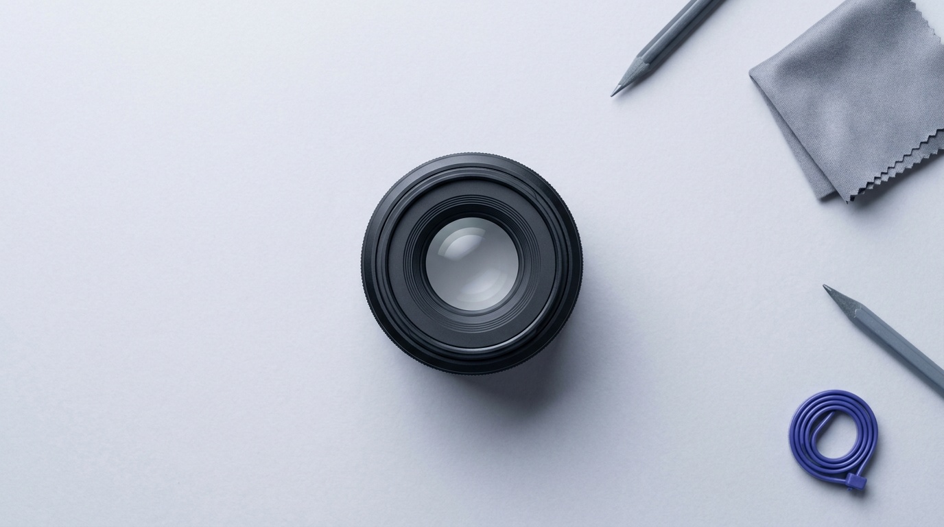 A small unbranded prime lens on a neutral surface, the kind of affordable fast prime that beats a kit zoom