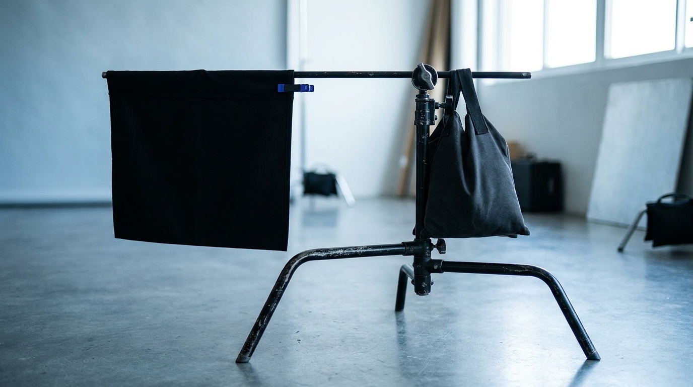 A black steel C-stand on a studio floor with its grip arm extended out to one side, holding a rectangular black flag in the air, and a heavy sandbag draped over the tall leg beneath the arm