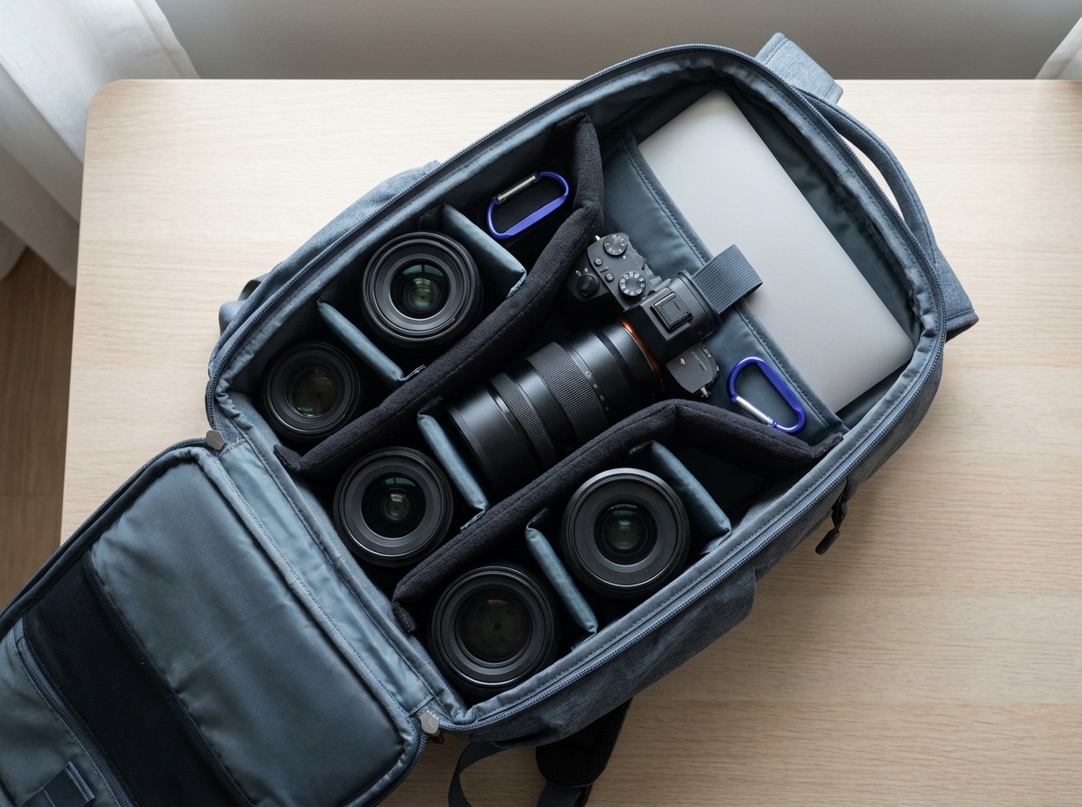 An open camera backpack laid flat showing a body, several lenses, and a laptop sleeve held by padded dividers