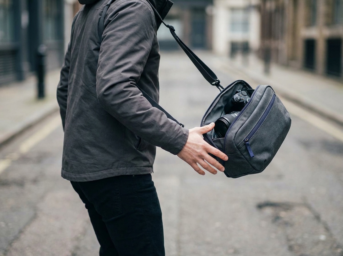 A photographer swinging a camera sling bag around to the front to reach the camera inside