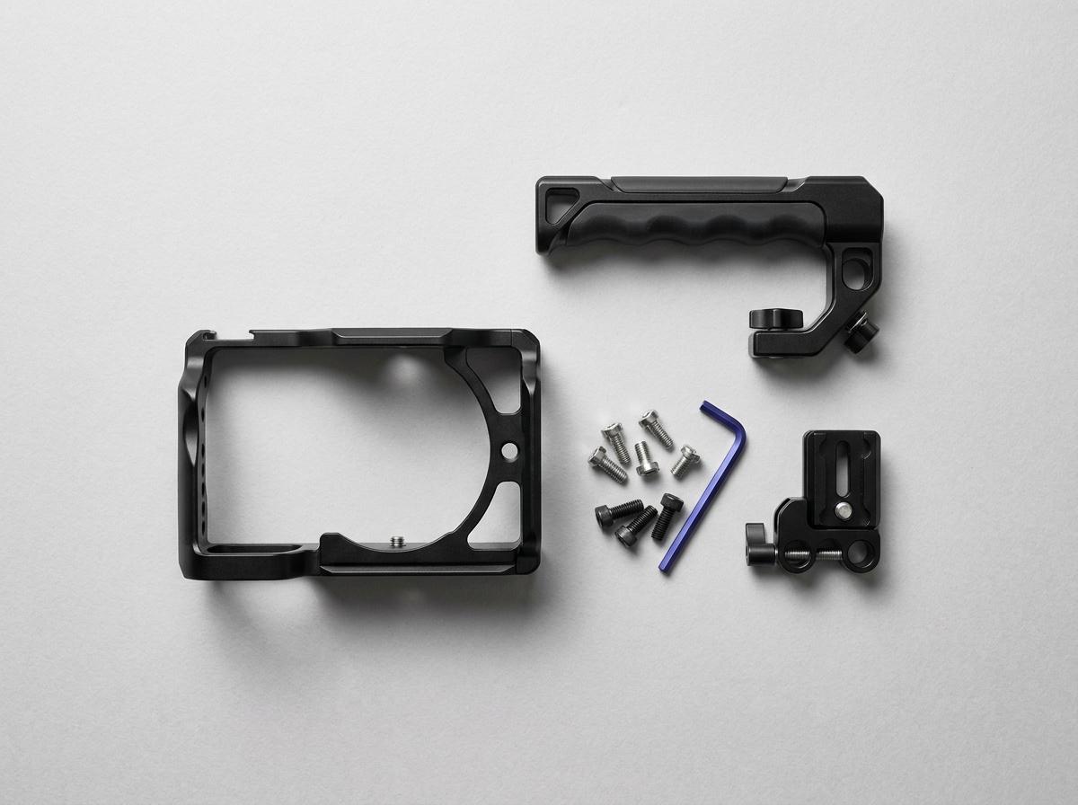 A flat lay of an empty aluminum camera cage, top handle, NATO rail, and mounting screws on a neutral surface