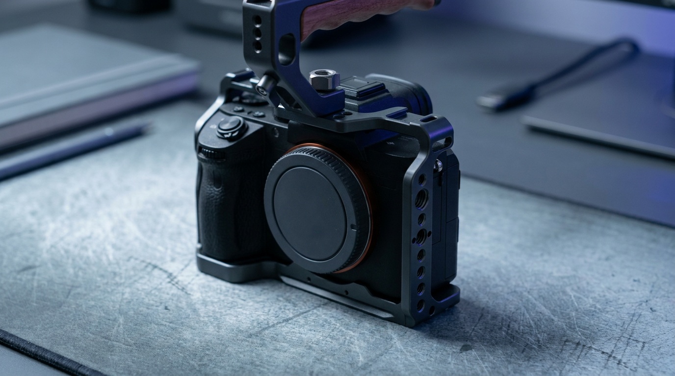 A generic mirrorless camera wrapped in an aluminum cage with a top handle and side mounting rails