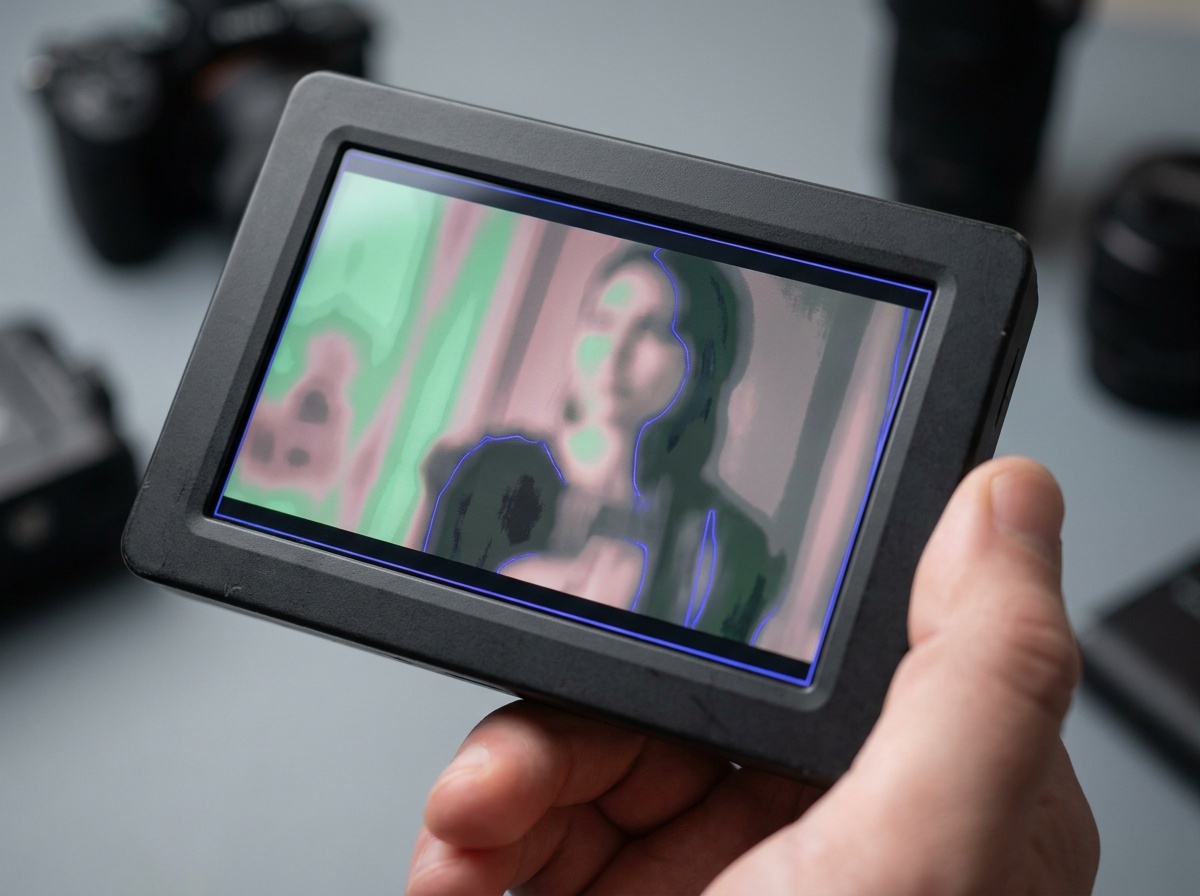A field monitor screen displaying a false color exposure overlay and focus peaking outlines on a generic scene