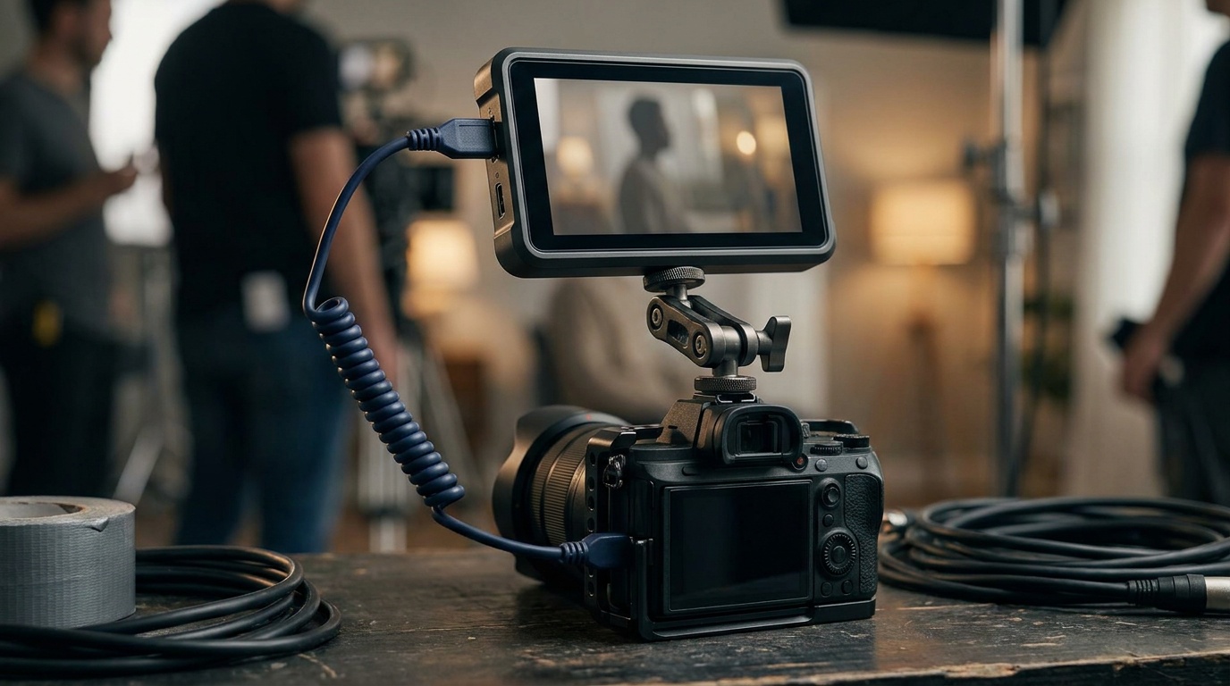 A bright on-camera field monitor mounted above a generic mirrorless body, showing a clean framed shot on set