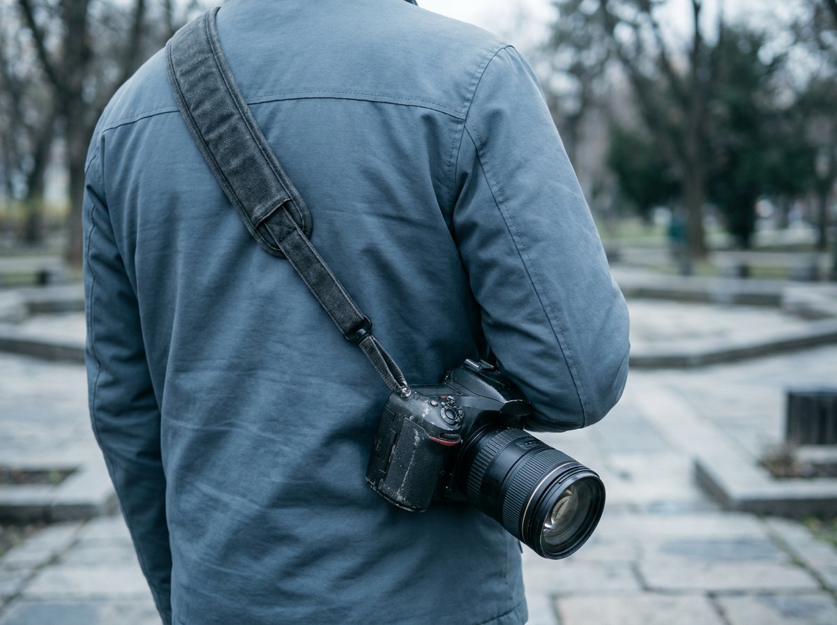 A camera hanging at the hip from a wide sling strap worn diagonally across a person's shoulder and chest