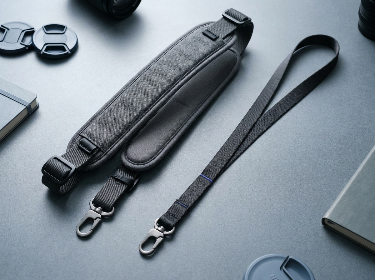 Close detail of a wide padded camera strap next to a thin minimal strap on a neutral surface