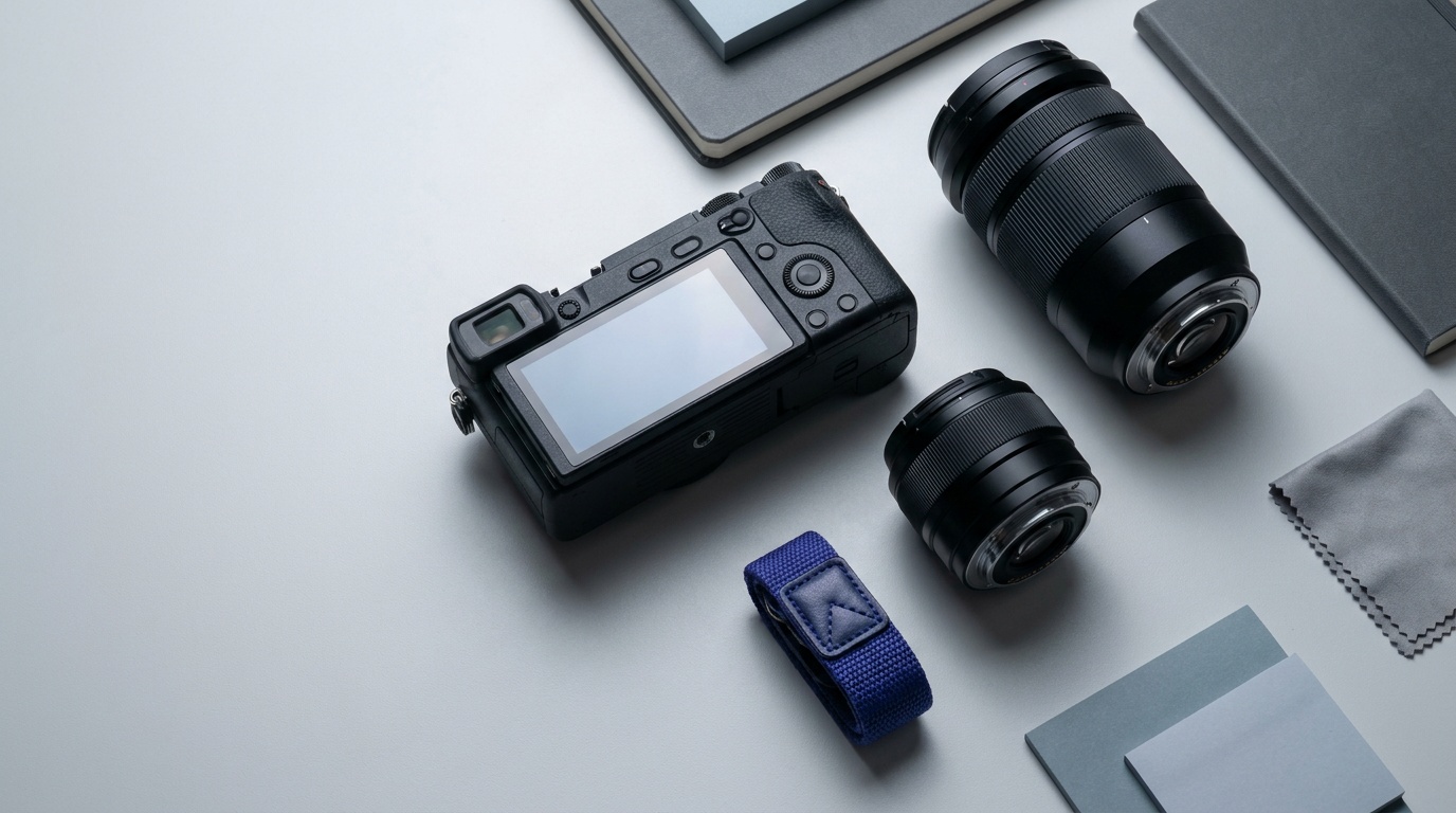A compact beginner camera with a kit zoom and a 50mm prime on a neutral surface