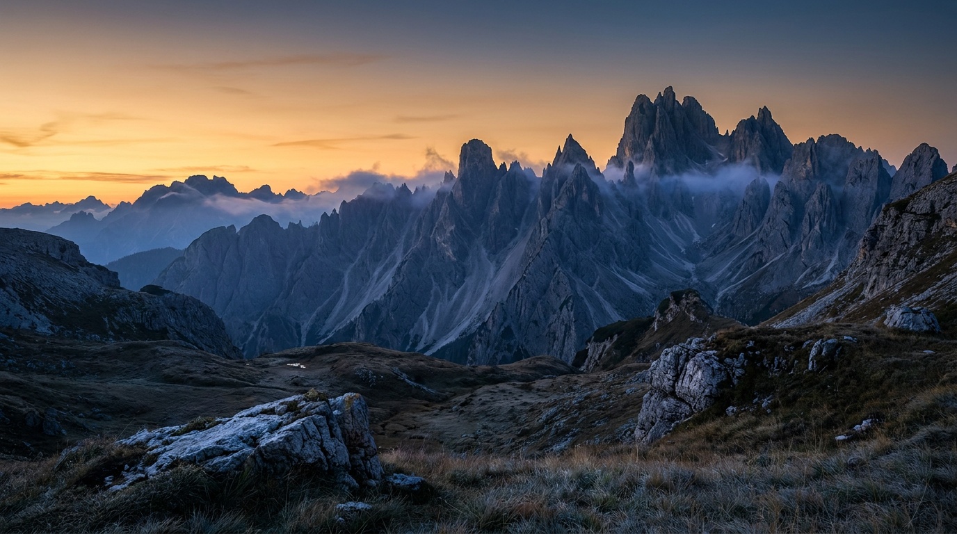 A wide mountain vista at dawn rendered in high detail with a bright sky and a shadowed foreground both holding detail