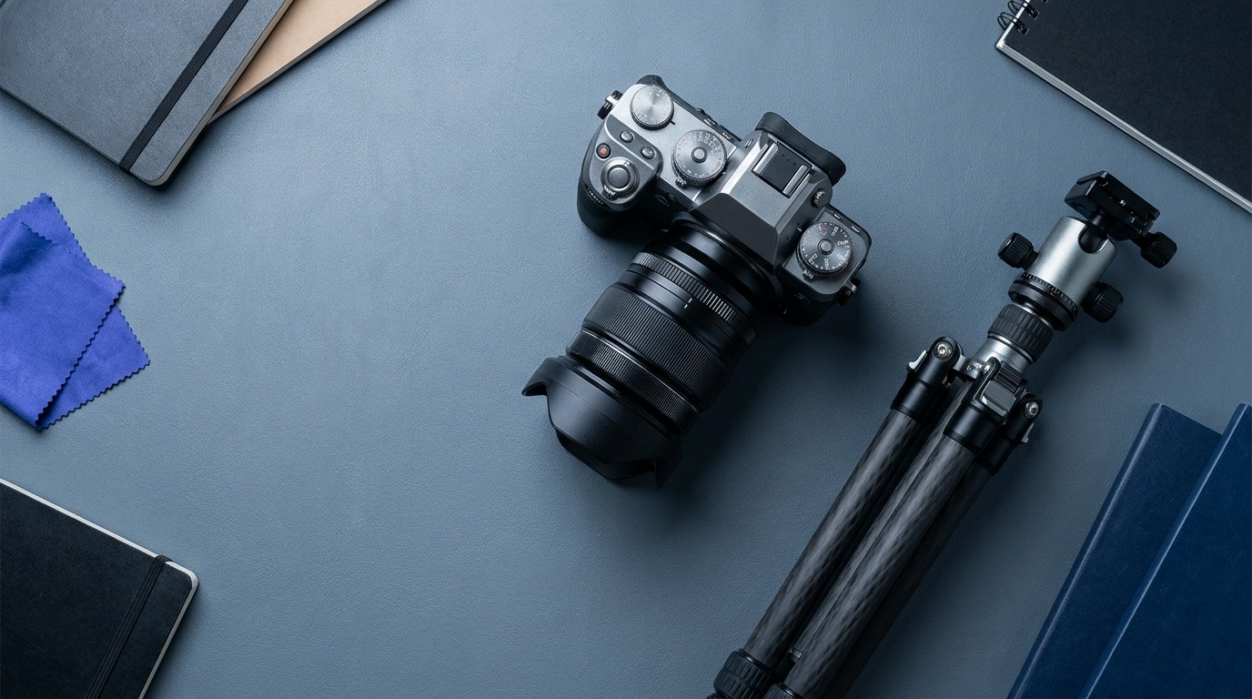 A weather-sealed camera body and a wide-angle lens beside a tripod on a neutral surface