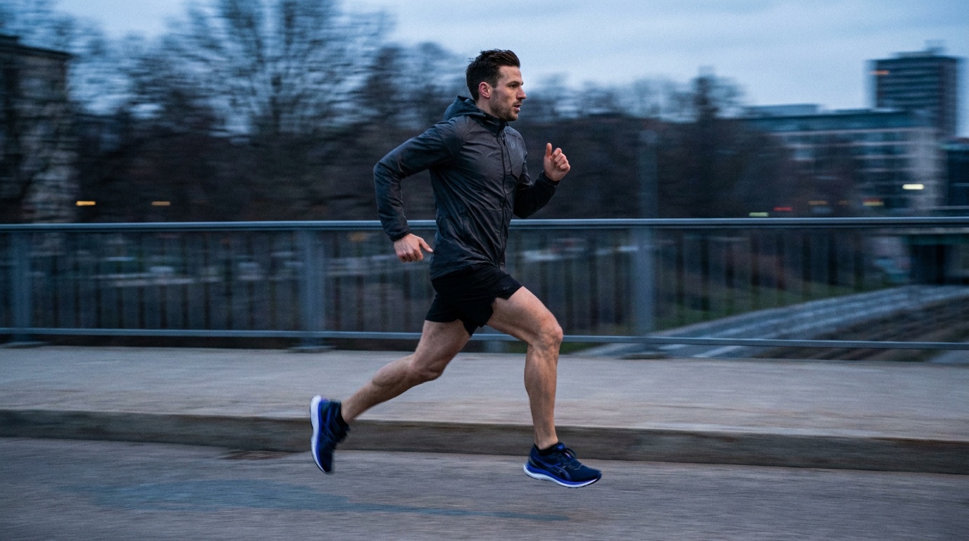 A sprinting athlete sharp while the background streaks into horizontal motion blur from a panning exposure