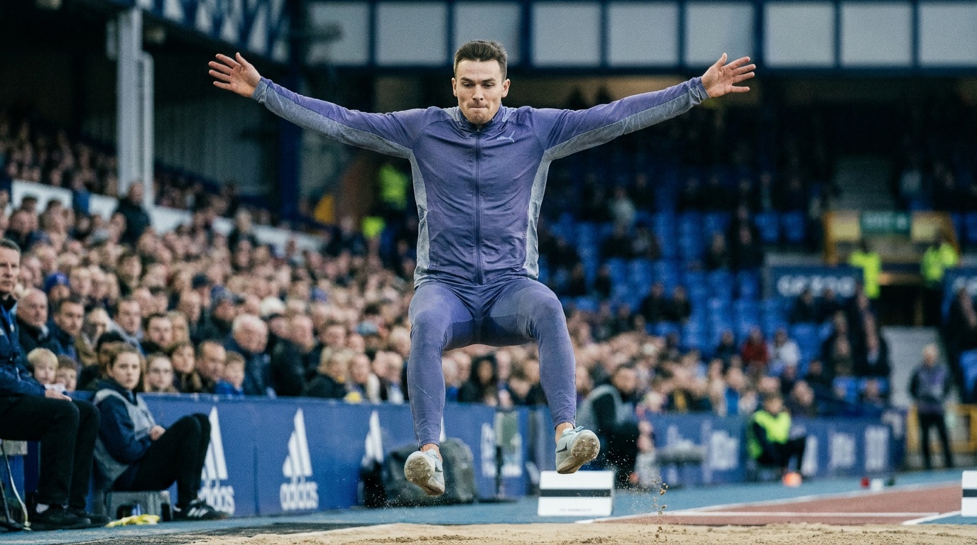 An athlete frozen at the peak of a jump, tack sharp against a blurred crowd