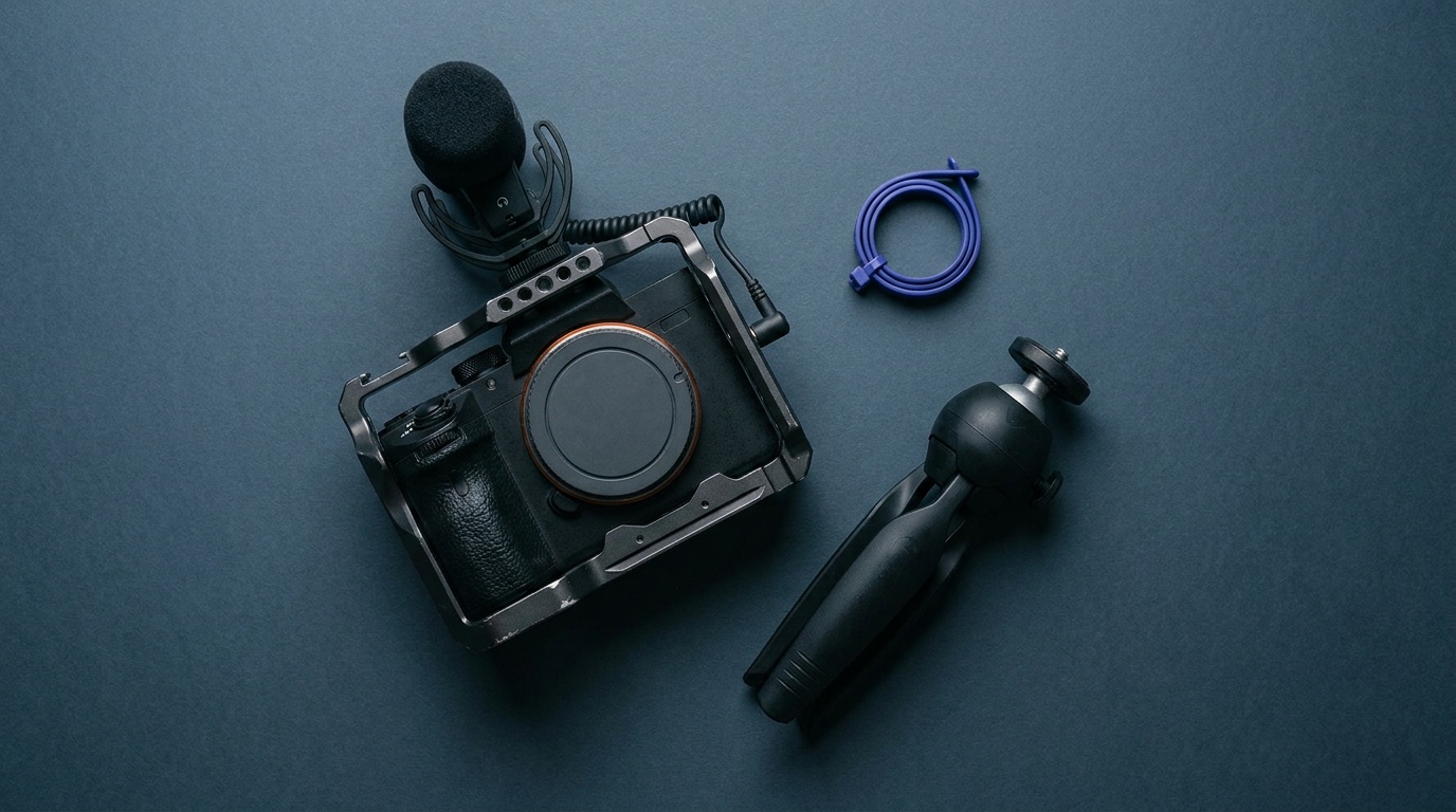 A mirrorless camera rigged for video with a microphone and small support on a neutral surface
