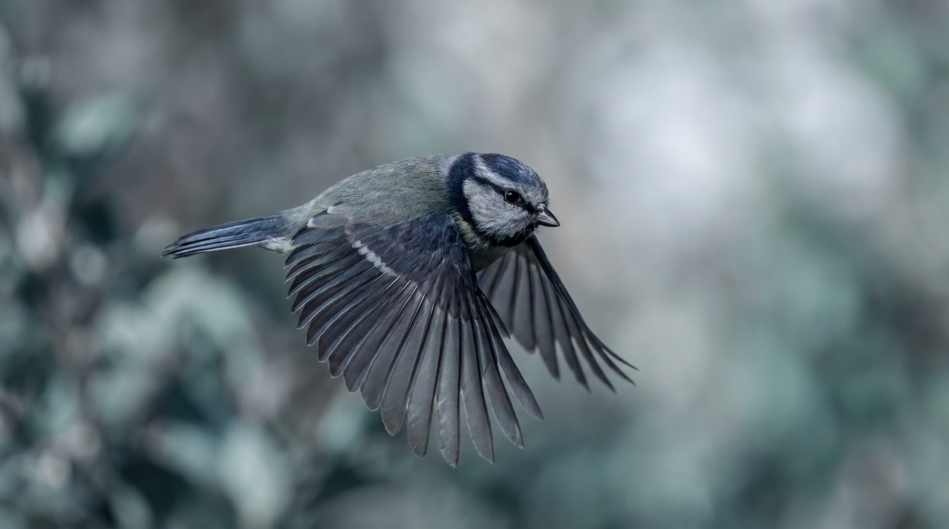 A bird in flight frozen tack sharp with its eye in focus and the wings caught mid-beat